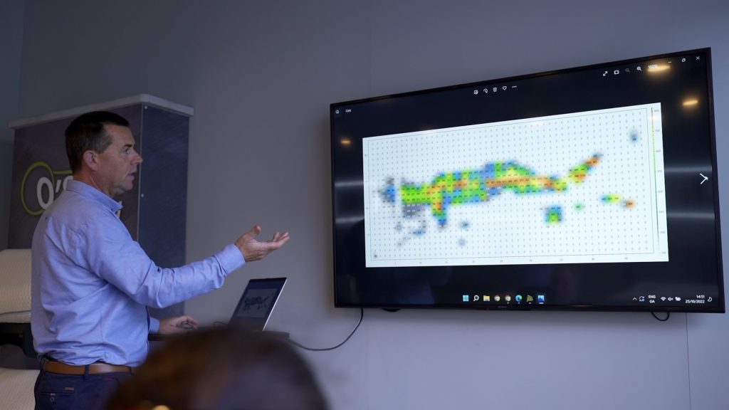 Ray explaining to a customer an image of their body pressure points from a scan that was taken in O'Suan studio Wexford